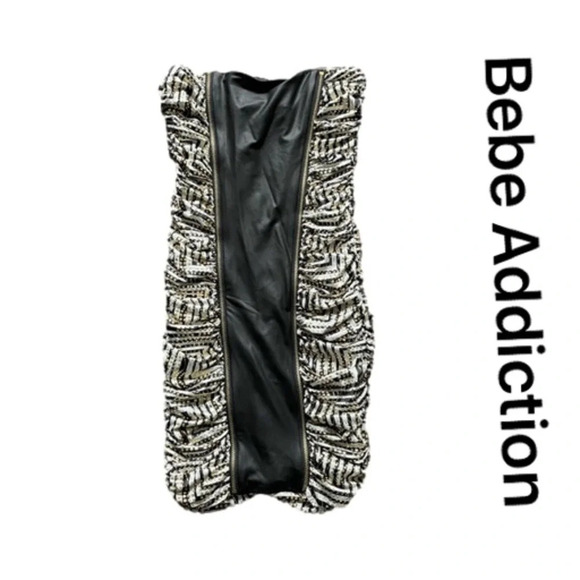 Bebe Addiction Stretchy Black & Gold Bodycon Dress w Faux Leather Women’s Size S - Picture 1 of 5